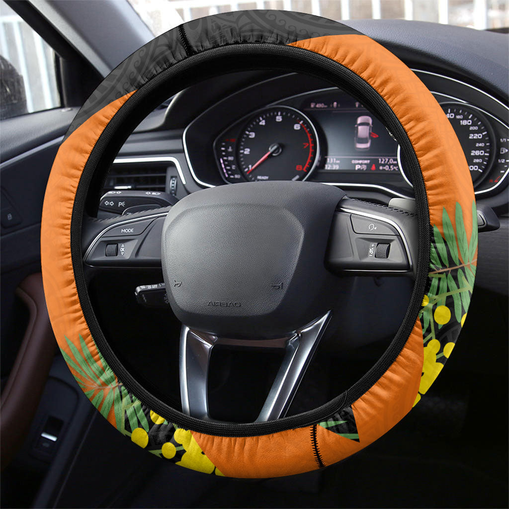Wests Tigers Steering Wheel Cover Golden Wattle Floral Polynesian - Australian Flower - Rugby Mascot