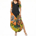 Wests Tigers Summer Maxi Dress Golden Wattle Floral Polynesian - Australian Flower - Rugby Mascot