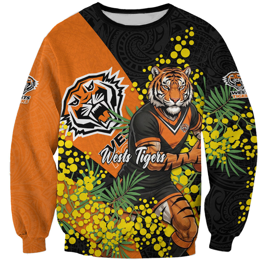 Wests Tigers Sweatshirt Golden Wattle Floral Polynesian - Australian Flower - Rugby Mascot