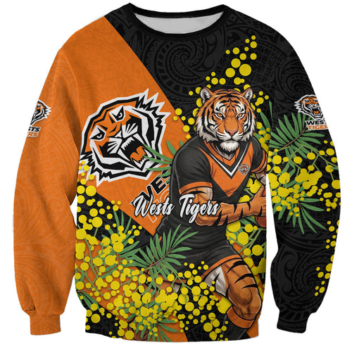 Wests Tigers Sweatshirt Golden Wattle Floral Polynesian - Australian Flower - Rugby Mascot