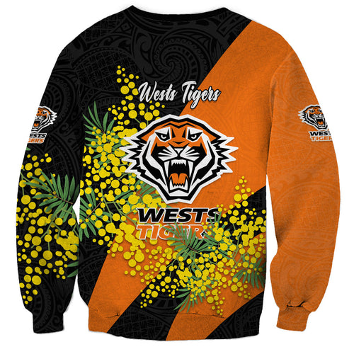 Wests Tigers Sweatshirt Golden Wattle Floral Polynesian - Australian Flower - Rugby Mascot