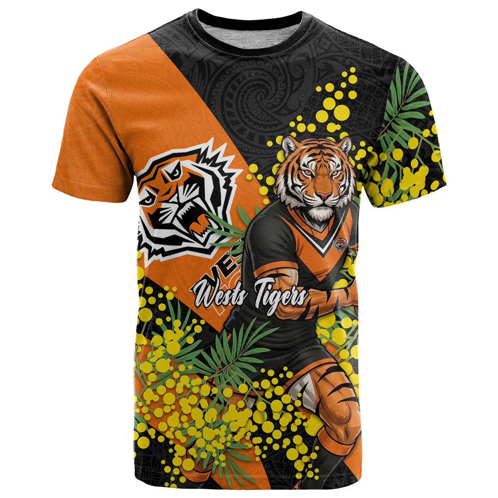 Wests Tigers T Shirt Golden Wattle Floral Polynesian - Australian Flower - Rugby Mascot