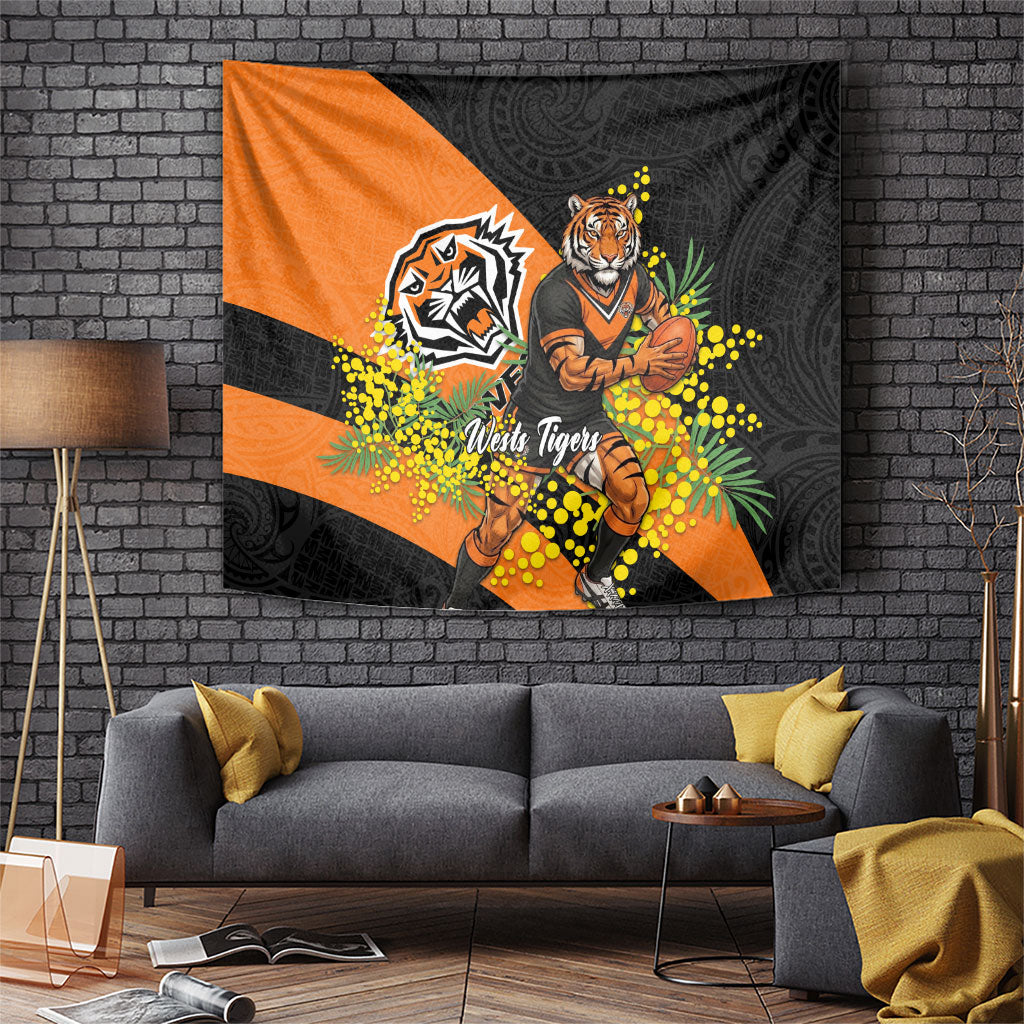 Wests Tigers Tapestry Golden Wattle Floral Polynesian - Australian Flower - Rugby Mascot