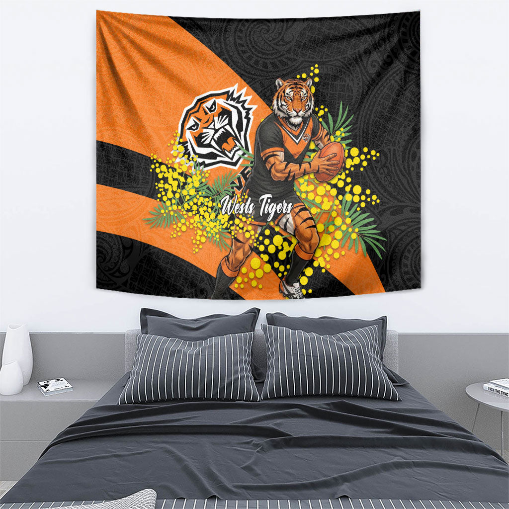Wests Tigers Tapestry Golden Wattle Floral Polynesian - Australian Flower - Rugby Mascot