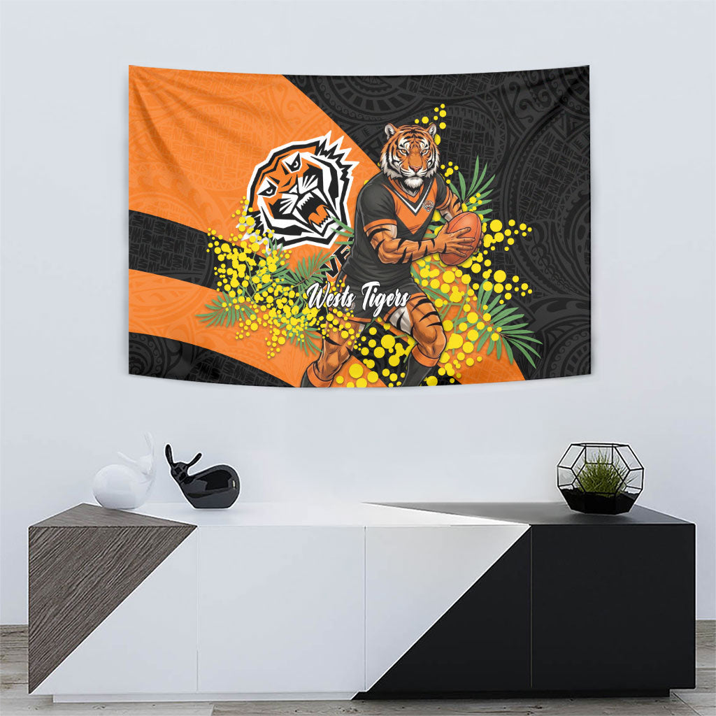 Wests Tigers Tapestry Golden Wattle Floral Polynesian - Australian Flower - Rugby Mascot