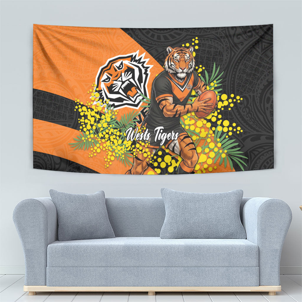 Wests Tigers Tapestry Golden Wattle Floral Polynesian - Australian Flower - Rugby Mascot