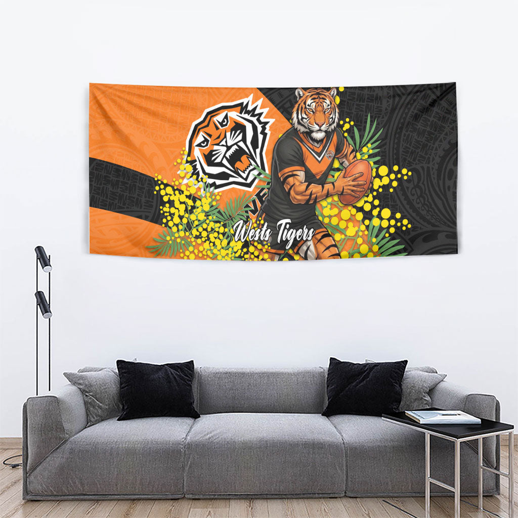 Wests Tigers Tapestry Golden Wattle Floral Polynesian - Australian Flower - Rugby Mascot