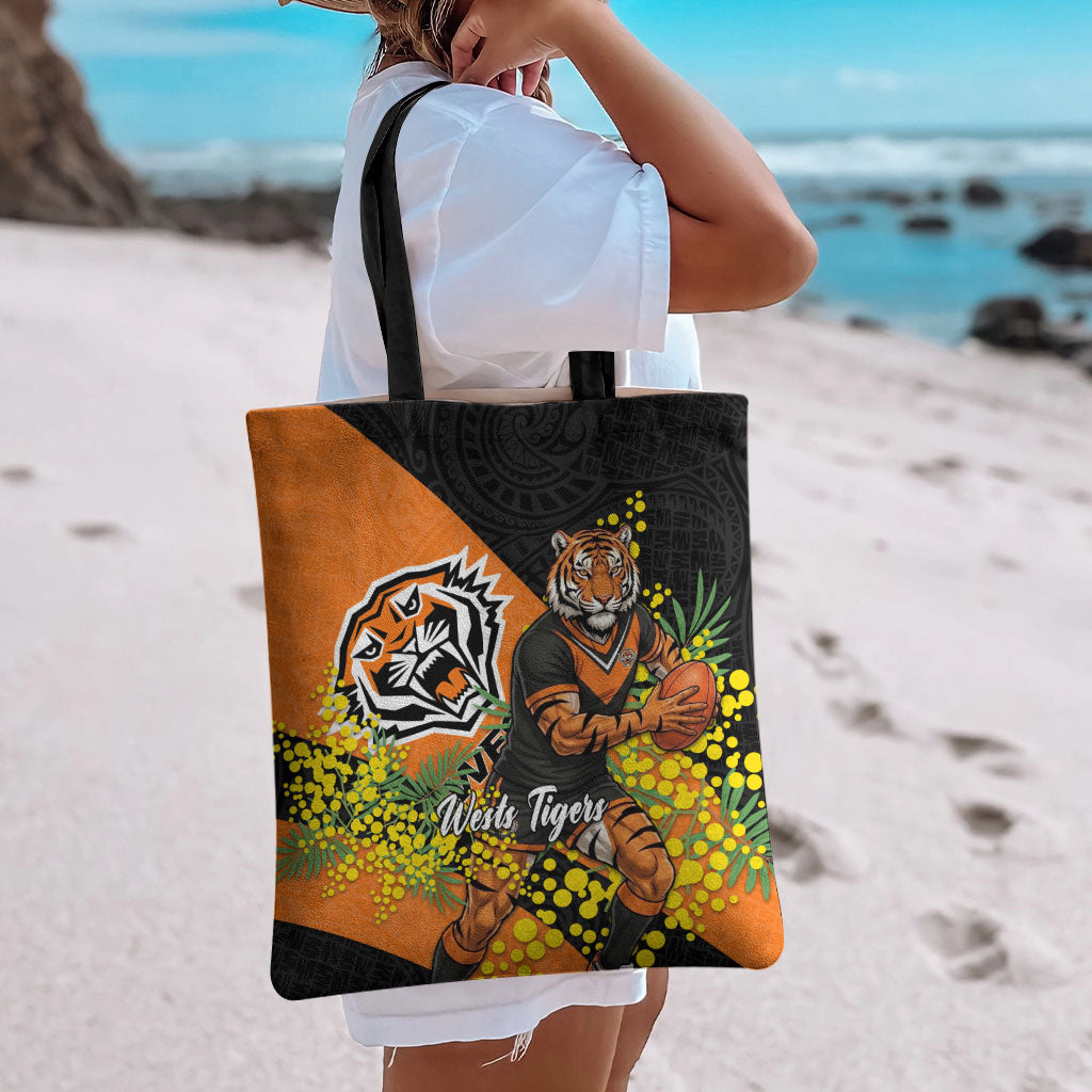 Wests Tigers Tote Bag Golden Wattle Floral Polynesian - Australian Flower - Rugby Mascot