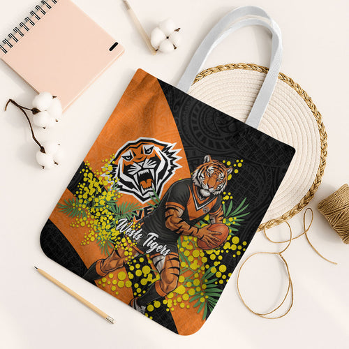 Wests Tigers Tote Bag Golden Wattle Floral Polynesian - Australian Flower - Rugby Mascot