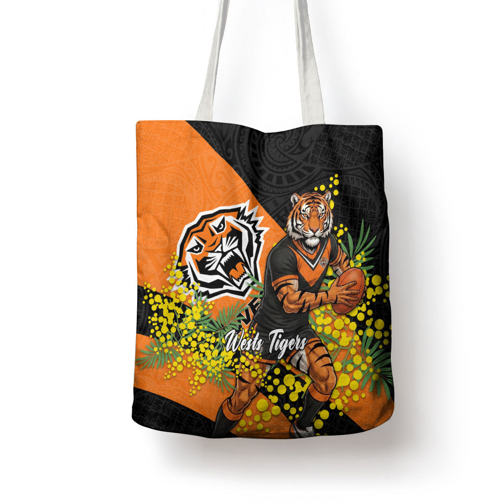 Wests Tigers Tote Bag Golden Wattle Floral Polynesian - Australian Flower - Rugby Mascot