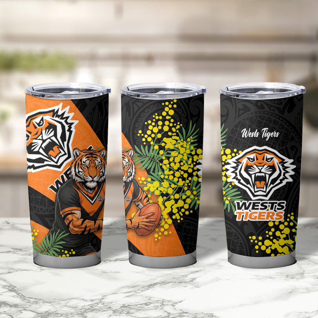 Wests Tigers Tumbler Cup Golden Wattle Floral Polynesian - Australian Flower - Rugby Mascot