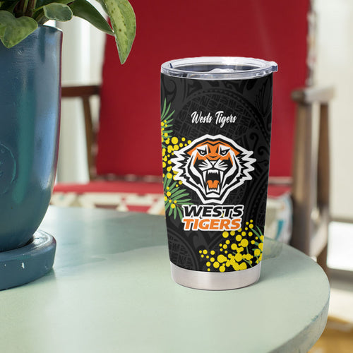 Wests Tigers Tumbler Cup Golden Wattle Floral Polynesian - Australian Flower - Rugby Mascot