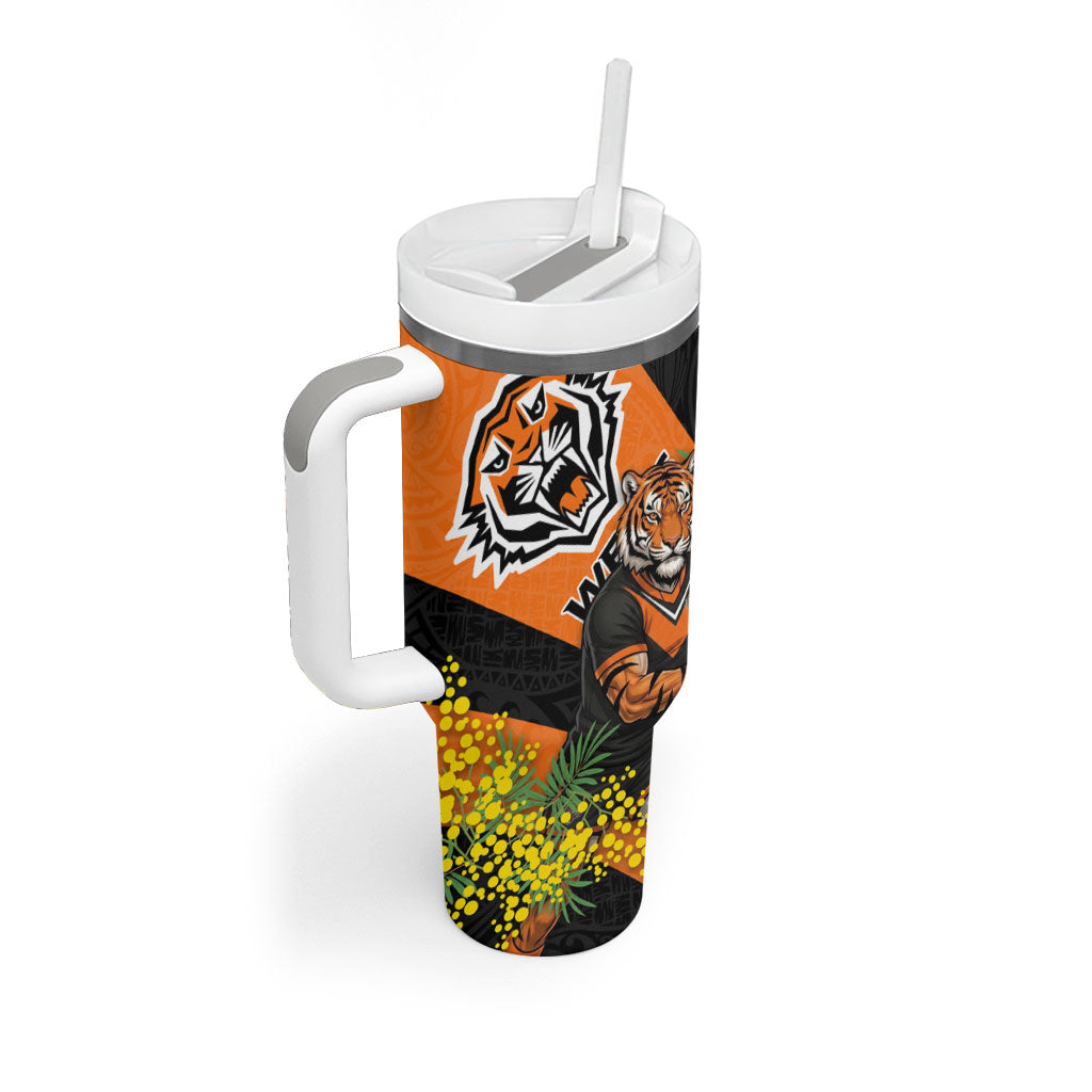 Wests Tigers Tumbler With Handle Golden Wattle Floral Polynesian - Australian Flower - Rugby Mascot