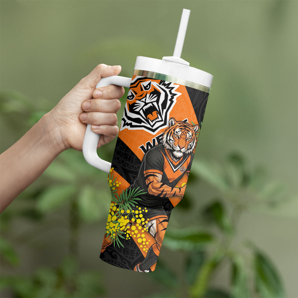 Wests Tigers Tumbler With Handle Golden Wattle Floral Polynesian - Australian Flower - Rugby Mascot