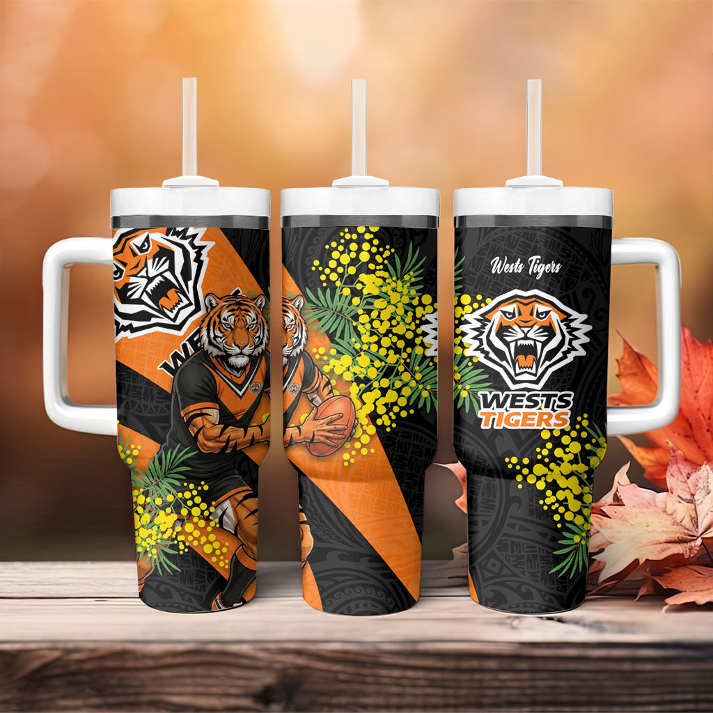 Wests Tigers Tumbler With Handle Golden Wattle Floral Polynesian - Australian Flower - Rugby Mascot