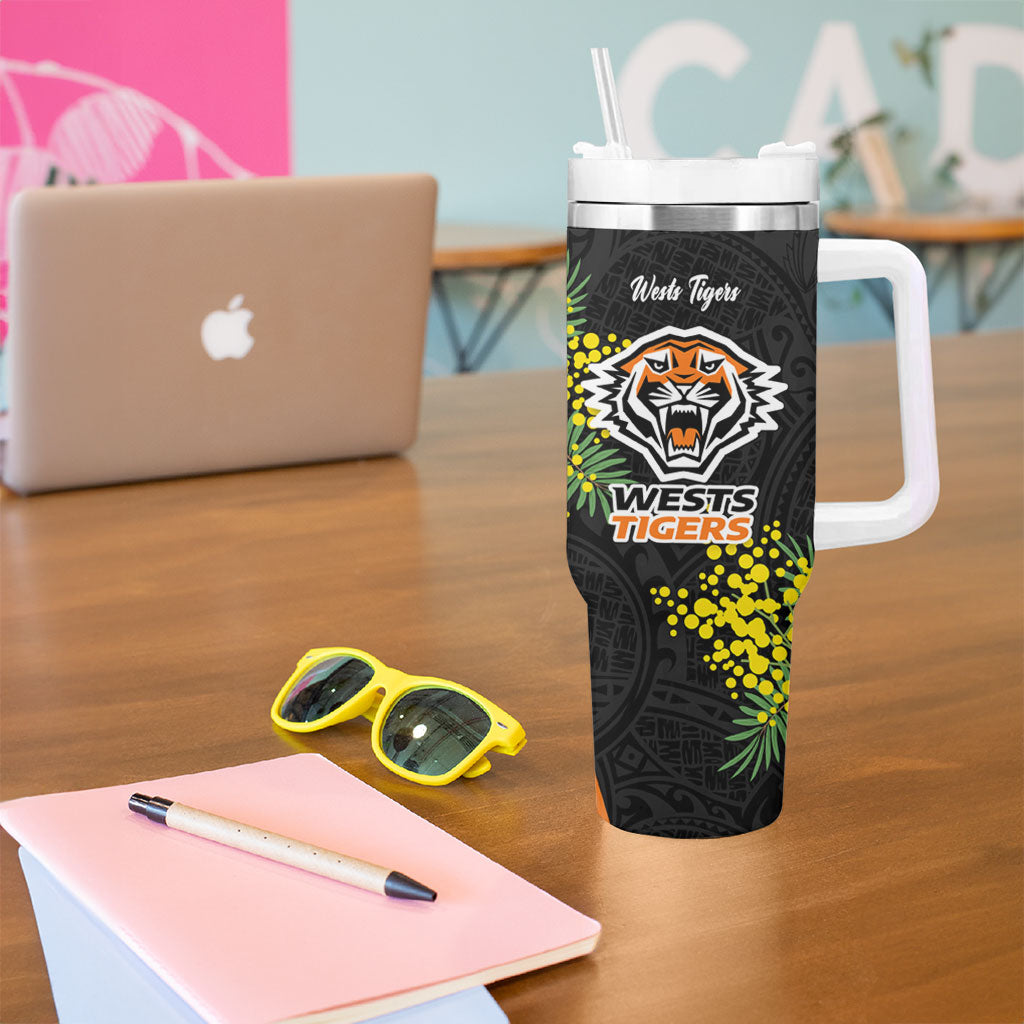 Wests Tigers Tumbler With Handle Golden Wattle Floral Polynesian - Australian Flower - Rugby Mascot
