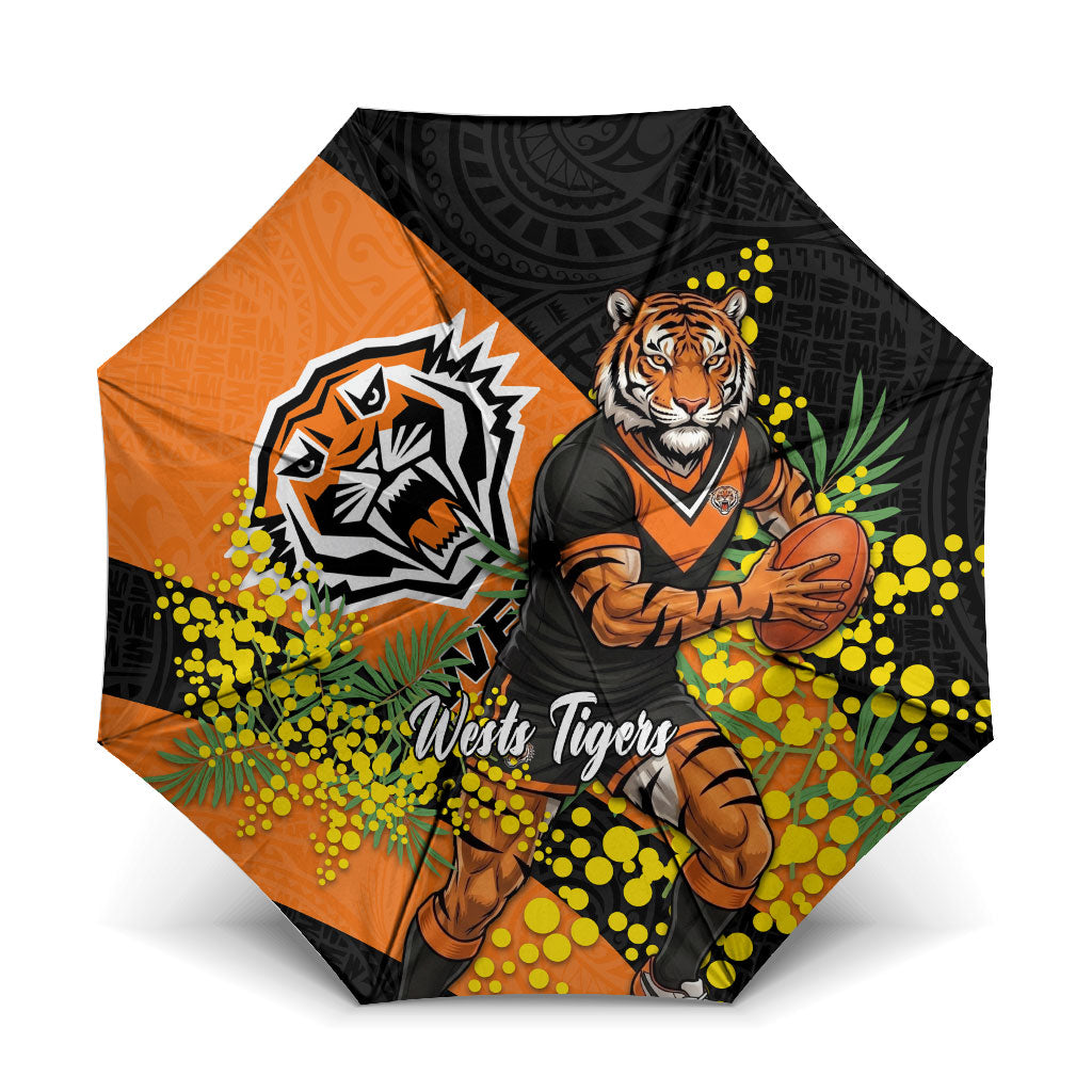 Wests Tigers Umbrella Golden Wattle Floral Polynesian - Australian Flower - Rugby Mascot