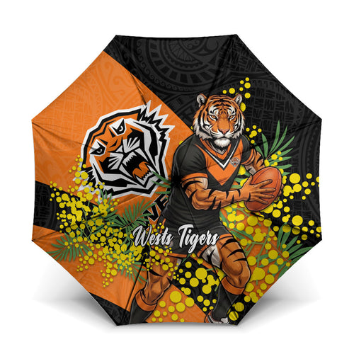 Wests Tigers Umbrella Golden Wattle Floral Polynesian - Australian Flower - Rugby Mascot