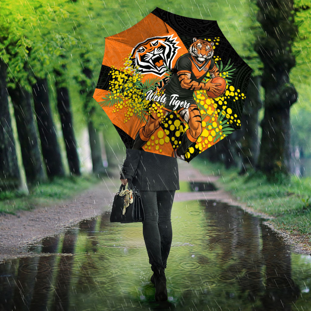 Wests Tigers Umbrella Golden Wattle Floral Polynesian - Australian Flower - Rugby Mascot