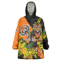 Wests Tigers Wearable Blanket Hoodie Golden Wattle Floral Polynesian - Australian Flower - Rugby Mascot