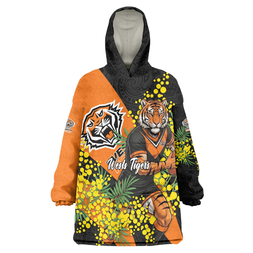 Wests Tigers Wearable Blanket Hoodie Golden Wattle Floral Polynesian - Australian Flower - Rugby Mascot