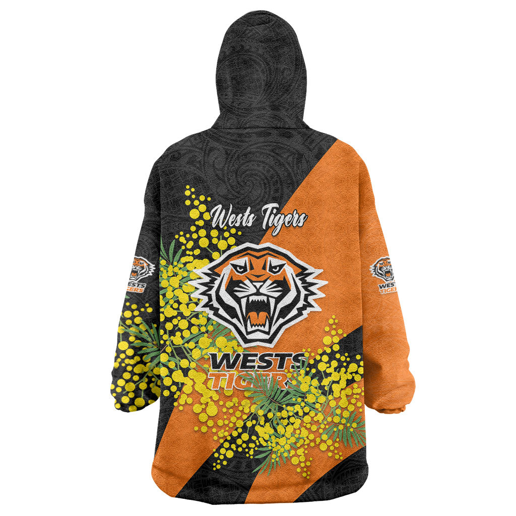 Wests Tigers Wearable Blanket Hoodie Golden Wattle Floral Polynesian - Australian Flower - Rugby Mascot