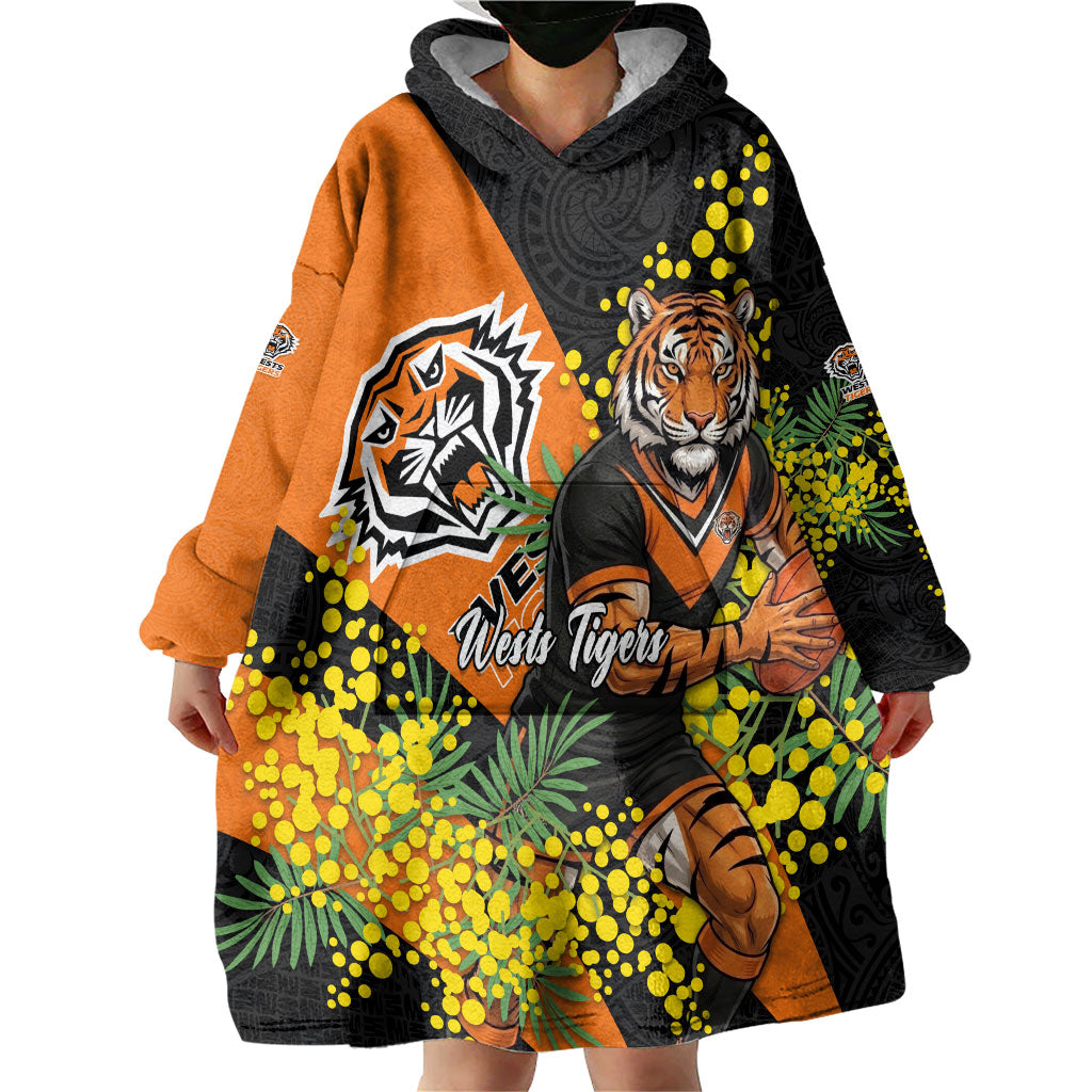 Wests Tigers Wearable Blanket Hoodie Golden Wattle Floral Polynesian - Australian Flower - Rugby Mascot