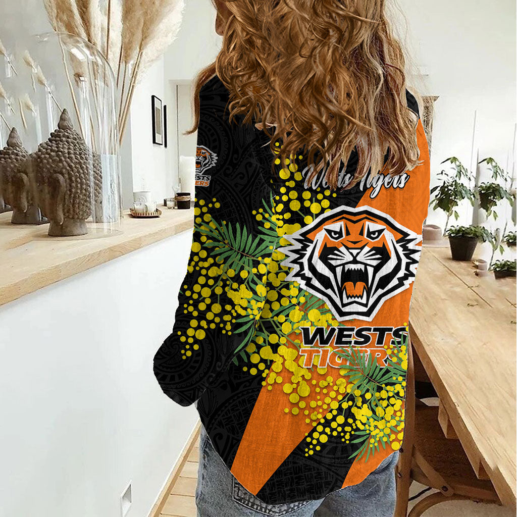 Wests Tigers Women Casual Shirt Golden Wattle Floral Polynesian - Australian Flower - Rugby Mascot