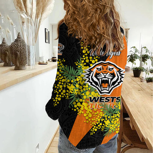 Wests Tigers Women Casual Shirt Golden Wattle Floral Polynesian - Australian Flower - Rugby Mascot
