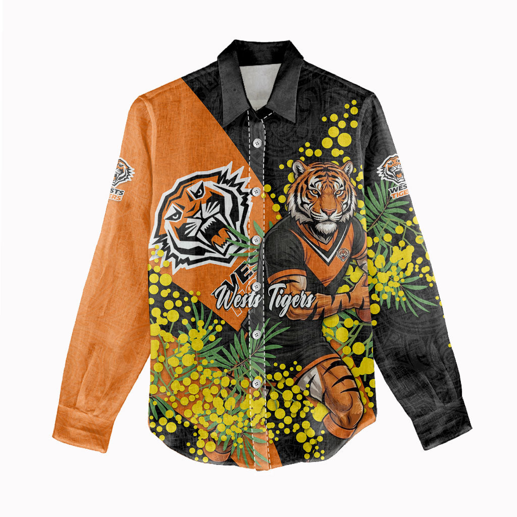 Wests Tigers Women Casual Shirt Golden Wattle Floral Polynesian - Australian Flower - Rugby Mascot