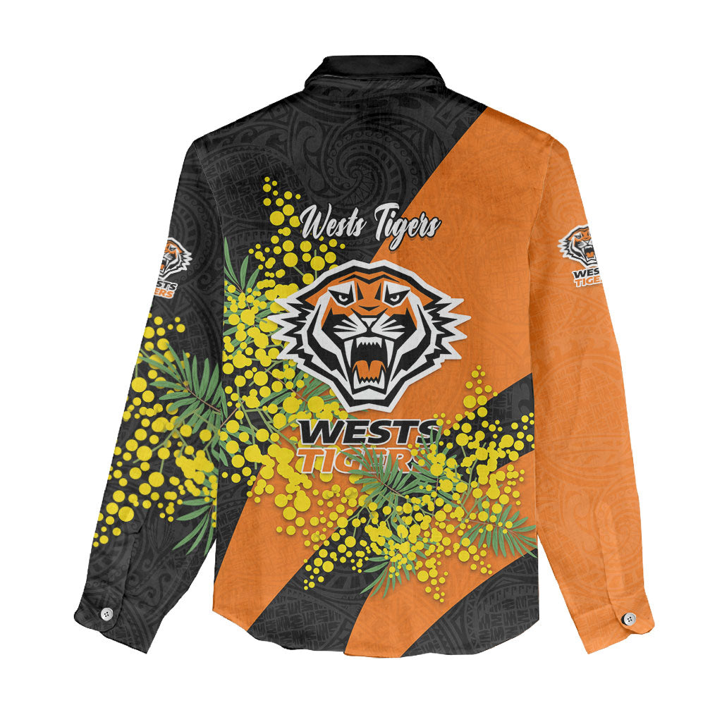 Wests Tigers Women Casual Shirt Golden Wattle Floral Polynesian - Australian Flower - Rugby Mascot