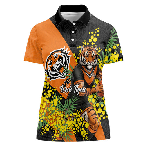 Wests Tigers Women Polo Shirt Golden Wattle Floral Polynesian - Australian Flower - Rugby Mascot