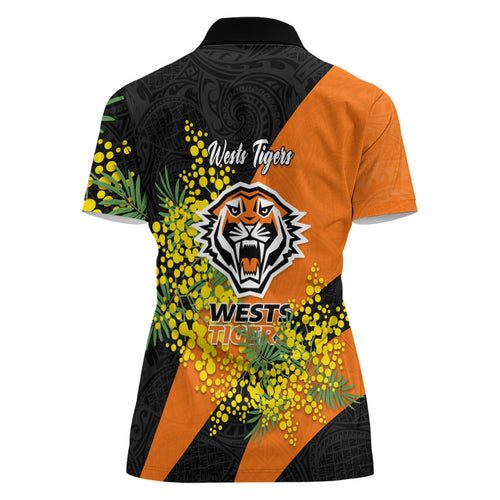 Wests Tigers Women Polo Shirt Golden Wattle Floral Polynesian - Australian Flower - Rugby Mascot