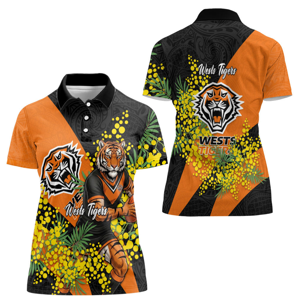 Wests Tigers Women Polo Shirt Golden Wattle Floral Polynesian - Australian Flower - Rugby Mascot