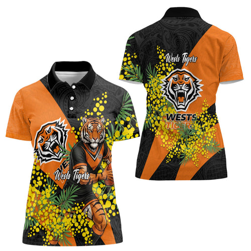 Wests Tigers Women Polo Shirt Golden Wattle Floral Polynesian - Australian Flower - Rugby Mascot