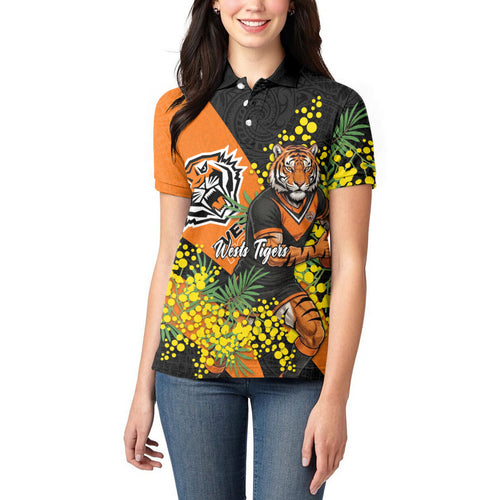 Wests Tigers Women Polo Shirt Golden Wattle Floral Polynesian - Australian Flower - Rugby Mascot