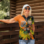 Wests Tigers Women Polo Shirt Golden Wattle Floral Polynesian - Australian Flower - Rugby Mascot