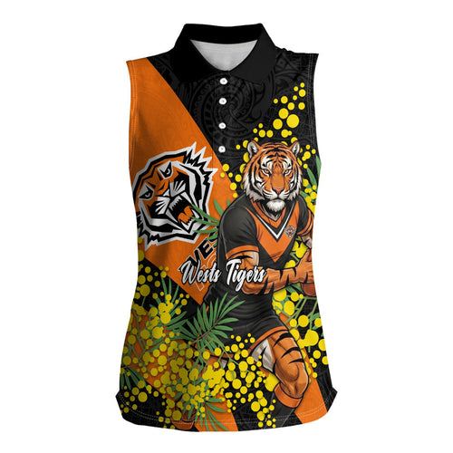 Wests Tigers Women Sleeveless Polo Shirt Golden Wattle Floral Polynesian - Australian Flower - Rugby Mascot