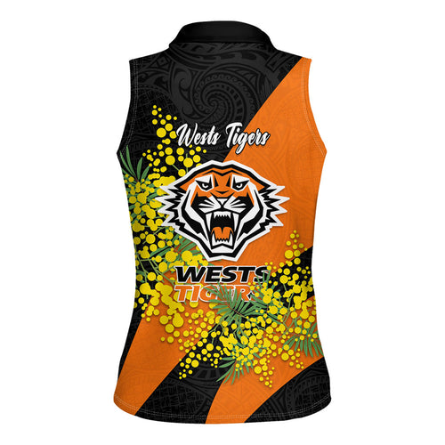 Wests Tigers Women Sleeveless Polo Shirt Golden Wattle Floral Polynesian - Australian Flower - Rugby Mascot