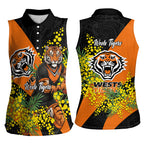 Wests Tigers Women Sleeveless Polo Shirt Golden Wattle Floral Polynesian - Australian Flower - Rugby Mascot