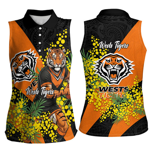 Wests Tigers Women Sleeveless Polo Shirt Golden Wattle Floral Polynesian - Australian Flower - Rugby Mascot