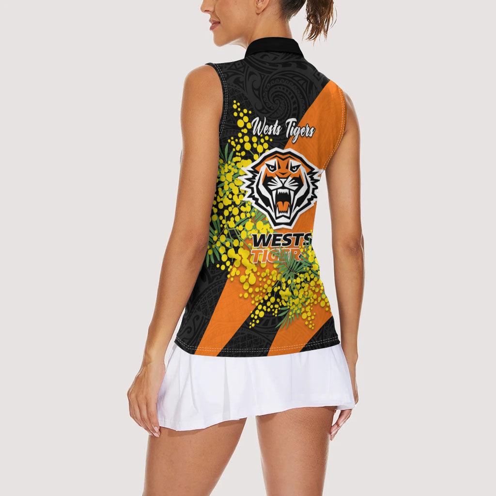 Wests Tigers Women Sleeveless Polo Shirt Golden Wattle Floral Polynesian - Australian Flower - Rugby Mascot