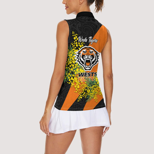 Wests Tigers Women Sleeveless Polo Shirt Golden Wattle Floral Polynesian - Australian Flower - Rugby Mascot