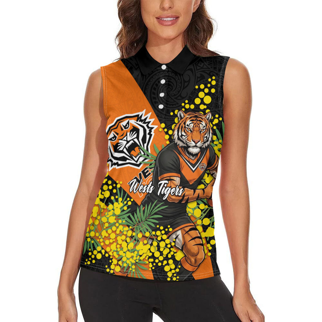 Wests Tigers Women Sleeveless Polo Shirt Golden Wattle Floral Polynesian - Australian Flower - Rugby Mascot