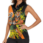 Wests Tigers Women Sleeveless Polo Shirt Golden Wattle Floral Polynesian - Australian Flower - Rugby Mascot