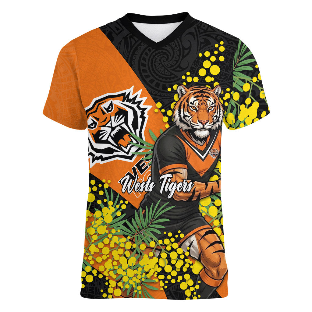 Wests Tigers Women V-Neck T-Shirt Golden Wattle Floral Polynesian - Australian Flower - Rugby Mascot
