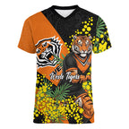 Wests Tigers Women V-Neck T-Shirt Golden Wattle Floral Polynesian - Australian Flower - Rugby Mascot