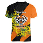 Wests Tigers Women V-Neck T-Shirt Golden Wattle Floral Polynesian - Australian Flower - Rugby Mascot