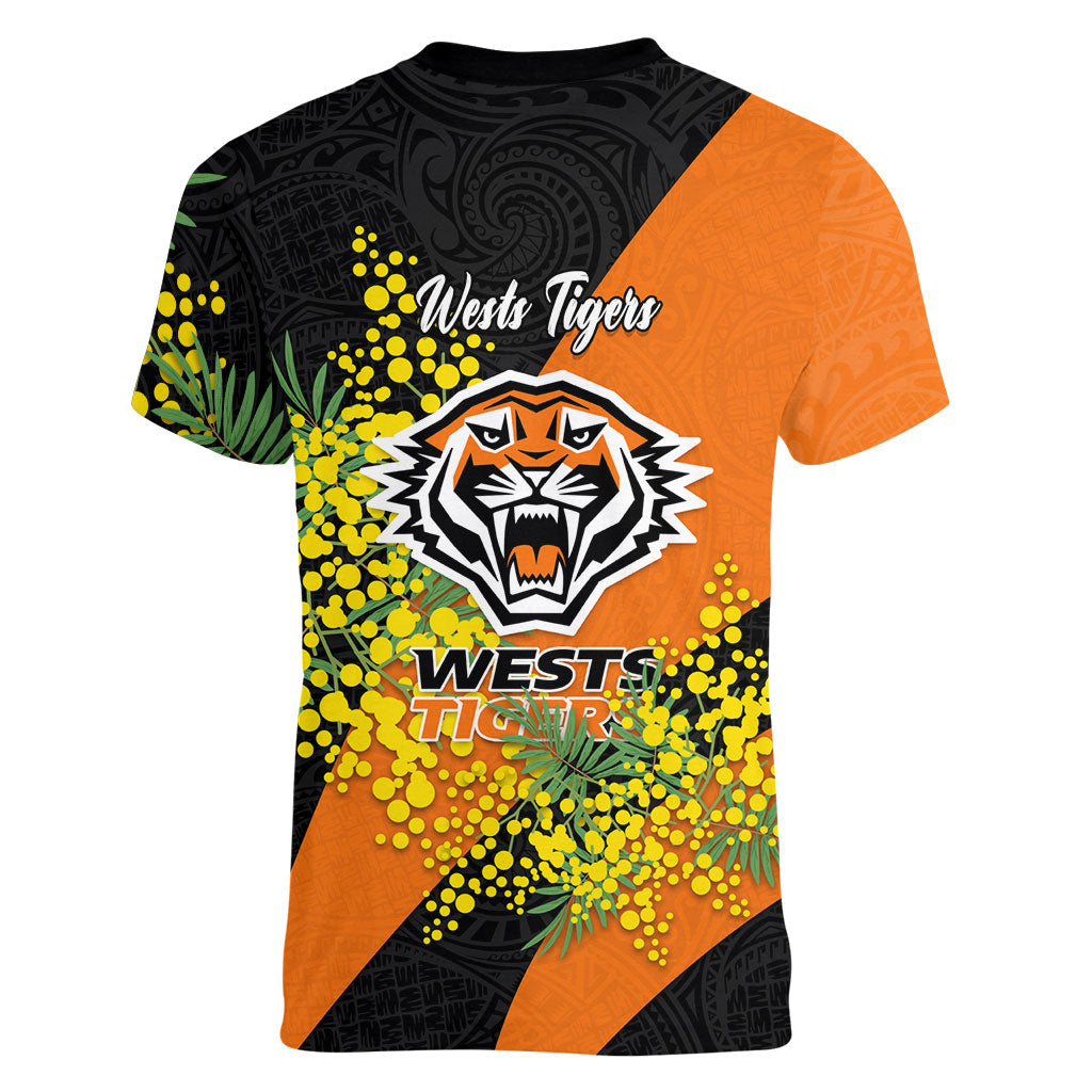 Wests Tigers Women V-Neck T-Shirt Golden Wattle Floral Polynesian - Australian Flower - Rugby Mascot