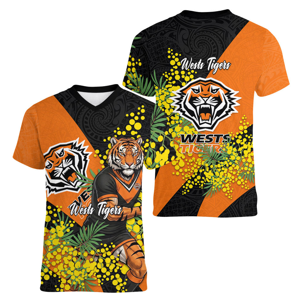 Wests Tigers Women V-Neck T-Shirt Golden Wattle Floral Polynesian - Australian Flower - Rugby Mascot